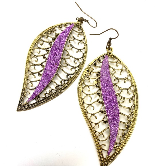 Goldtone Scrollwork Lavender Long Dangle Earrings - Picture 4 of 5